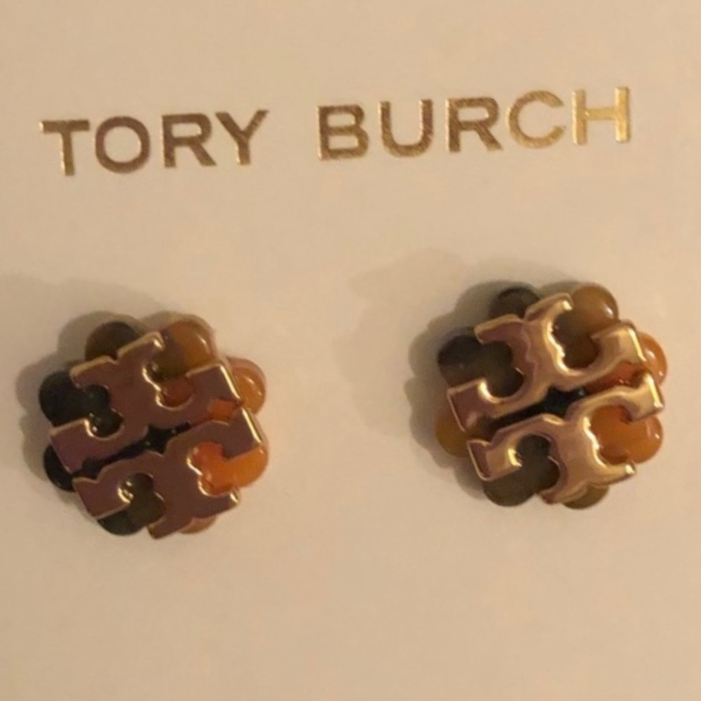 Tory Burch Multitone Logo Stud Earrings in Brown and Gold